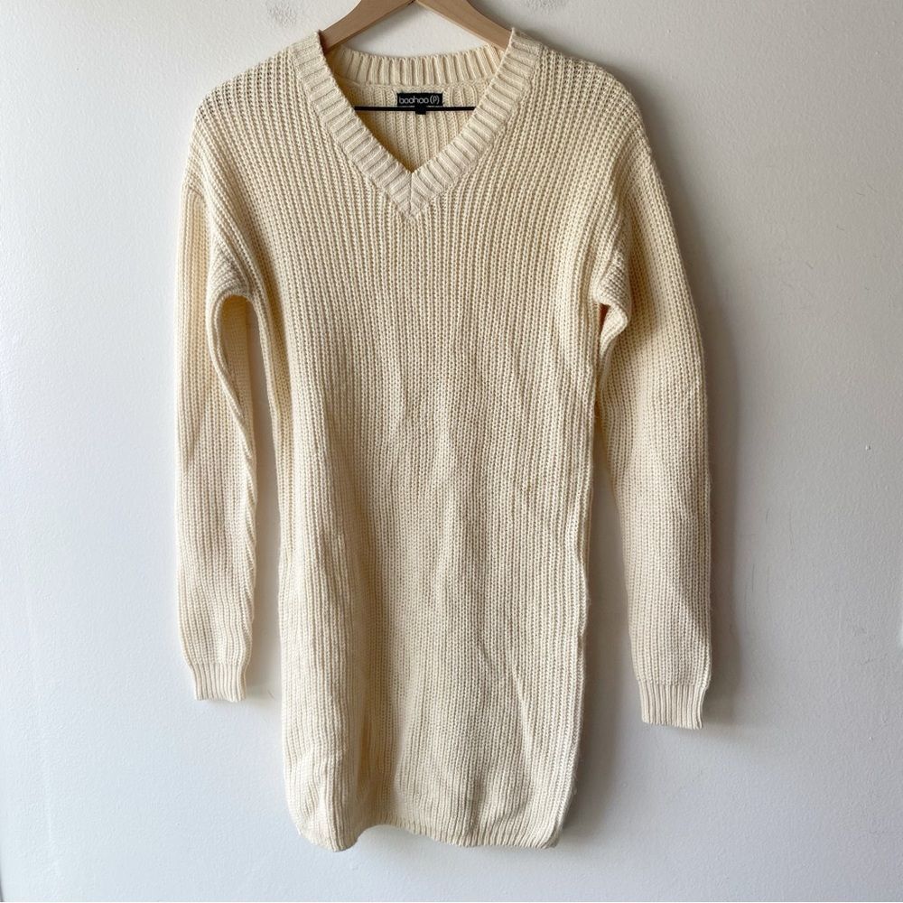 boohoo petite cream v-neck sweater mini dress size 4